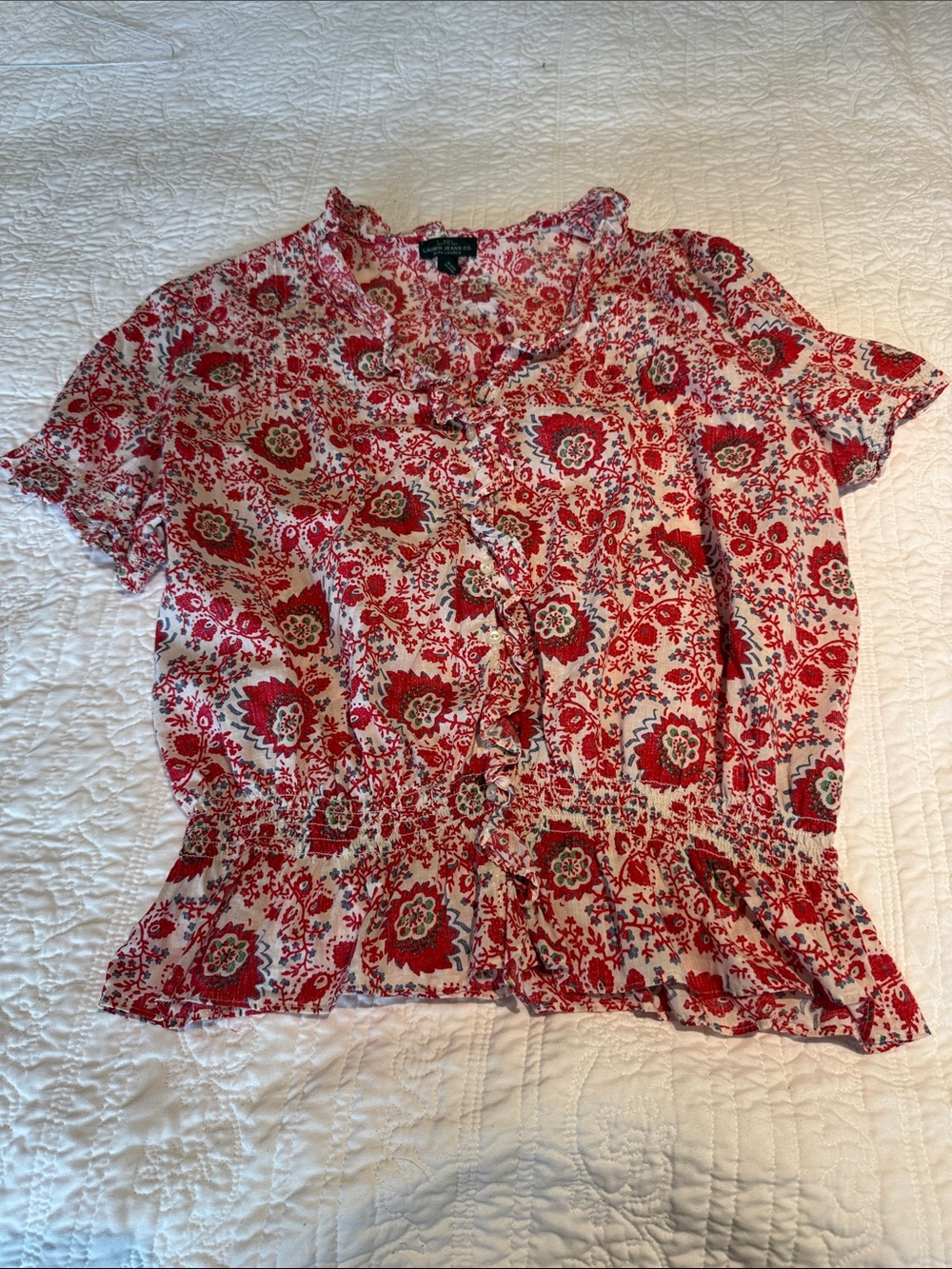 Ralph Lauren Red Floral Ruffle-Trim Button Blouse